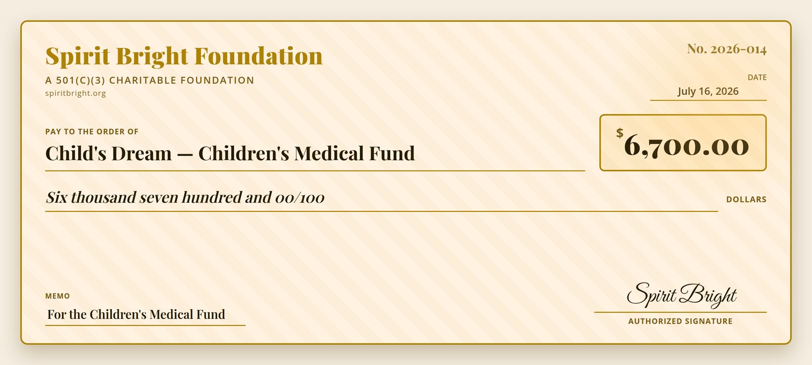 Spirit Bright's $6,700 gift to the Children's Medical Fund, run by Child's Dream